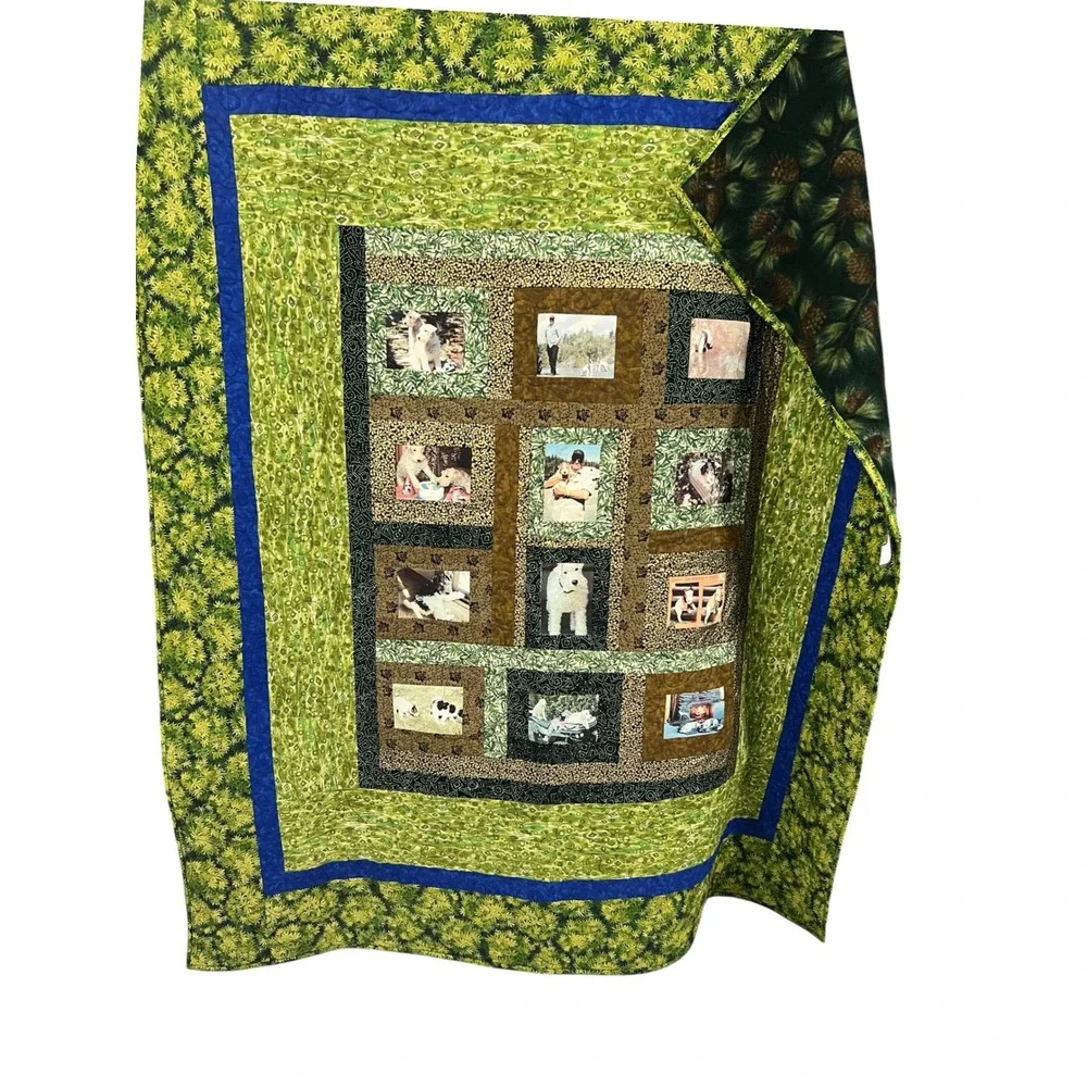 Handmade Memory Photo Quilt Throw Blanket Pet Dog Cabin Cottagecore 52x60